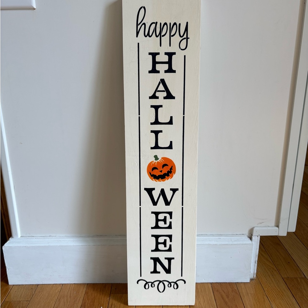 Happy Halloween Vertical Sign - Cream with Orange Pumpkin